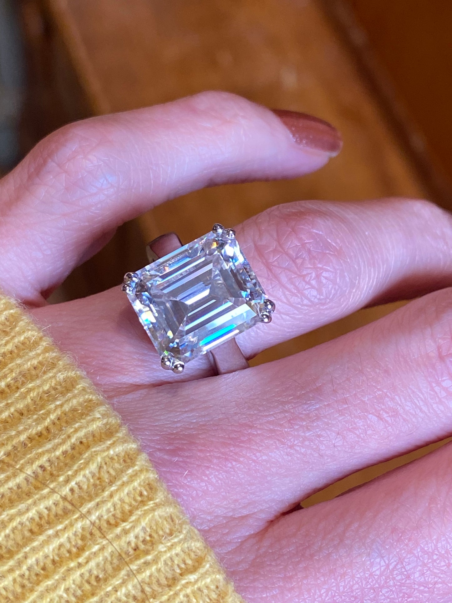 10.69 Carat Emerald Cut Double Claw Moissanite Engagement Cocktail Ring Katherine James Jewellery 