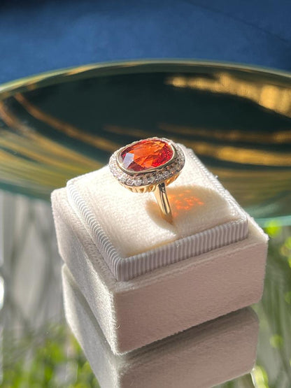 7.00 Carat Spessartine Garnet and Diamond Halo Ring in 18ct Yellow Gold