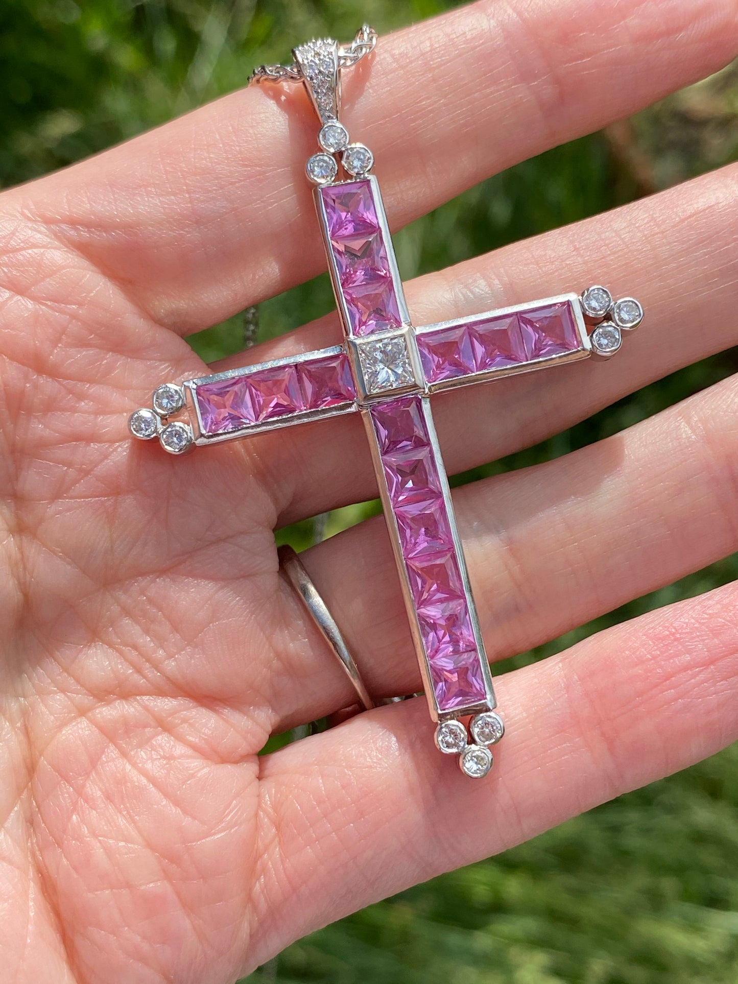 15.00 Carat Pink Sapphire and Diamond Cross Pendant Necklace in 18ct White Gold