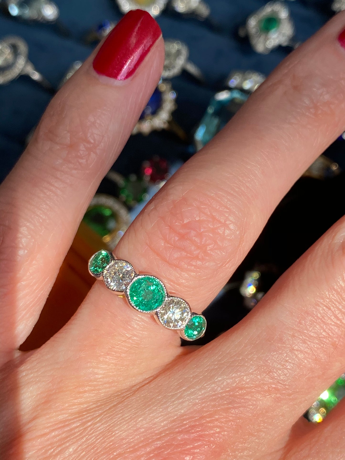 1.65 CTW Emerald and Diamond Five Stone Ring in Platinum and 18ct Yellow Gold