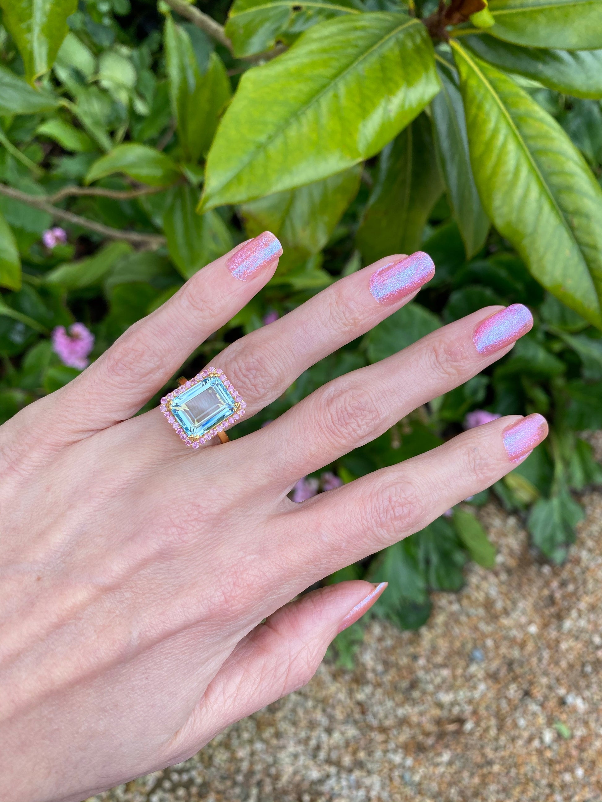 6 Carat Aquamarine and Pink Sapphire Halo Cocktail Engagement Ring in Yellow Gold 