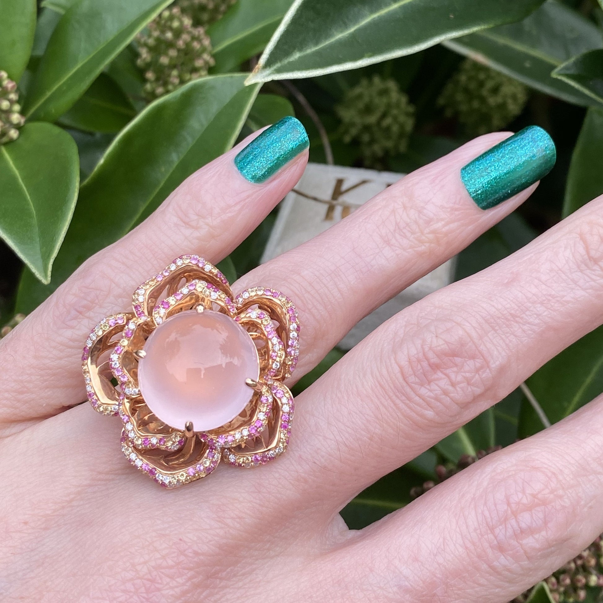 Rose Quartz Flower Ring with Pink and Yellow Sapphires and Diamonds in Rose Gold 