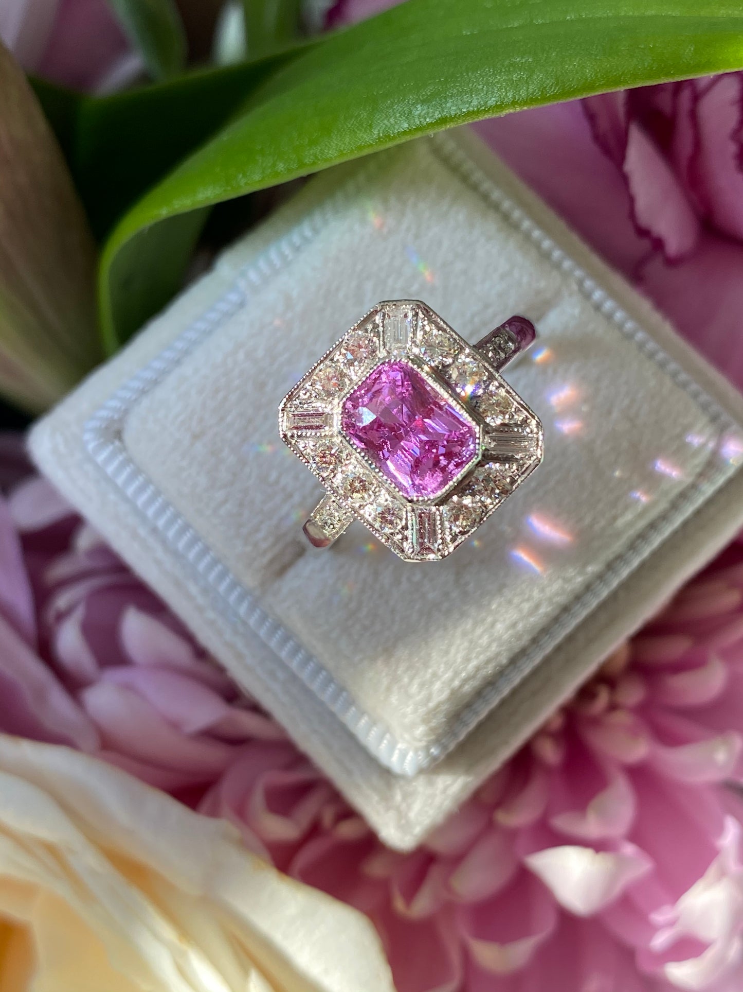 1.00 Carat Pink Sapphire and Diamond Art Deco Halo Engagement Ring in Platinum