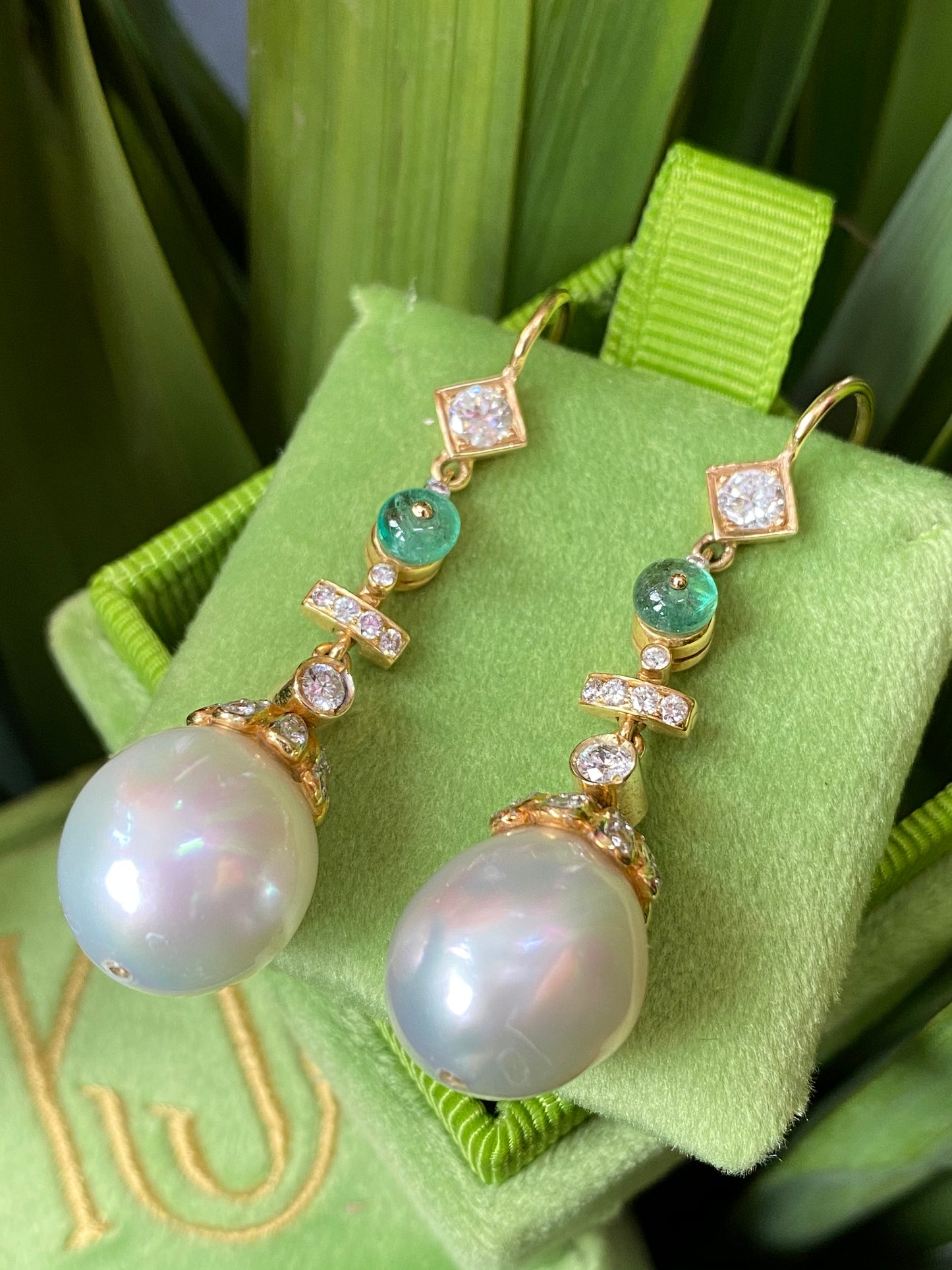 Diamond, Emerald and South Sea Pearl Drop Earrings in 18ct Yellow Gold