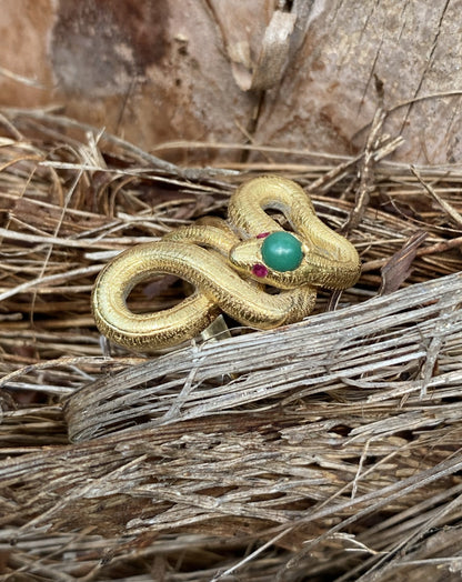 Antique Turquoise and Ruby Snake Serpent Ring in Yellow Gold 