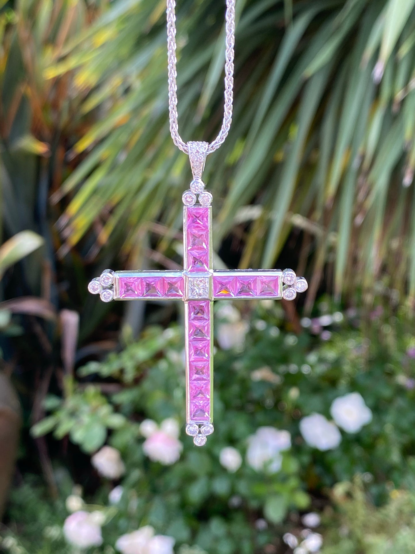 15.00 Carat Pink Sapphire and Diamond Cross Pendant Necklace in 18ct White Gold