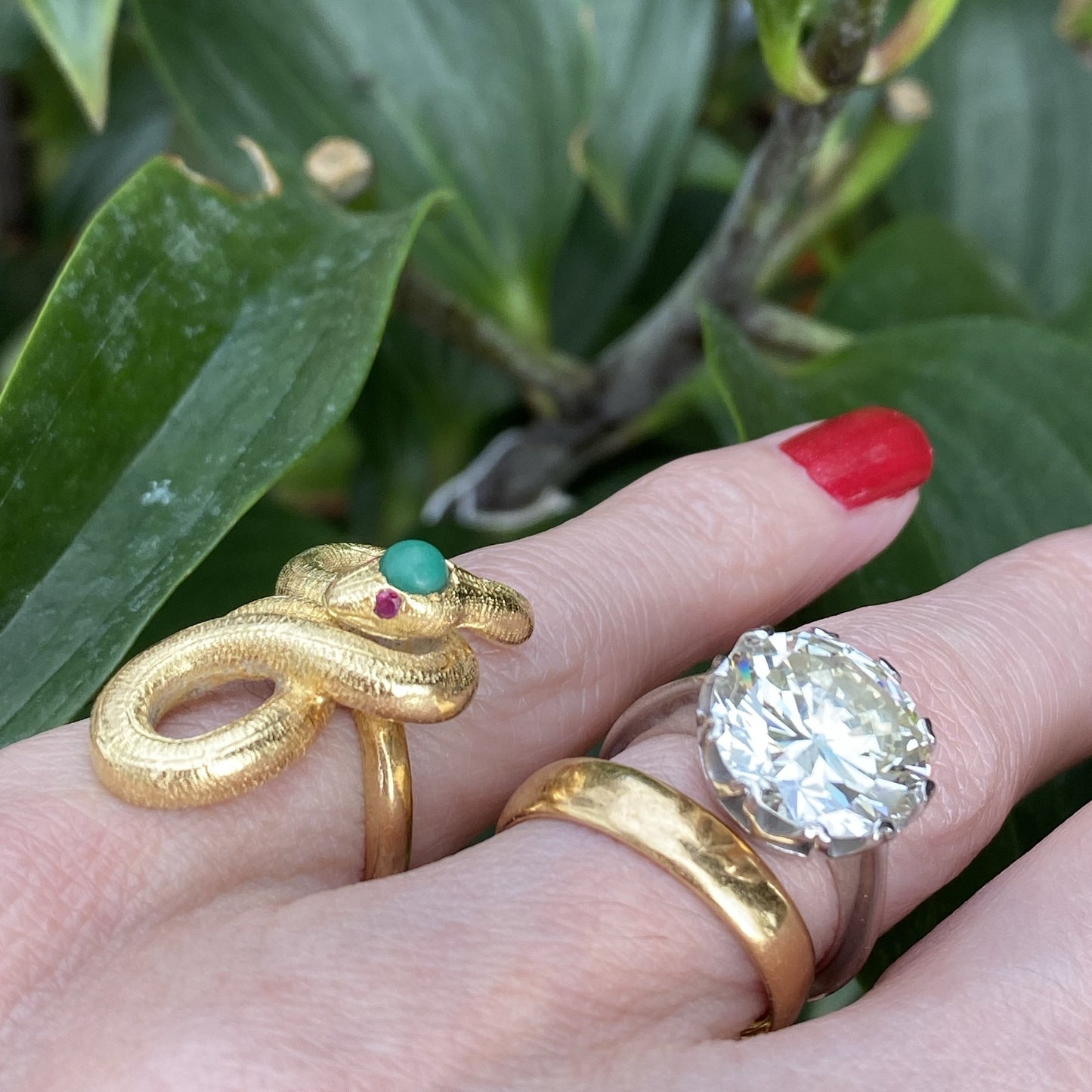 Antique Turquoise and Ruby Snake Serpent Ring in Yellow Gold 