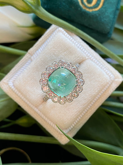 4.66 Carat Cabochon Colombian Emerald and Diamond Ring