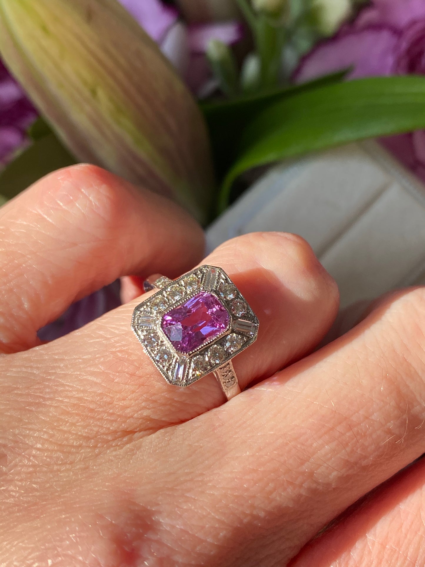 1.00 Carat Pink Sapphire and Diamond Art Deco Halo Engagement Ring in Platinum