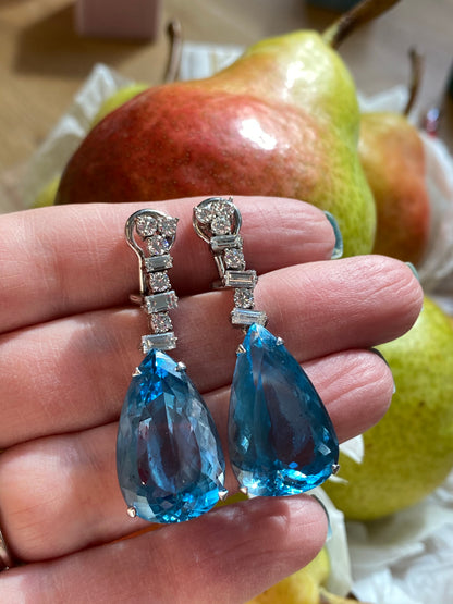 Pear Cut Aquamarine and Diamond Vintage Drop Earrings in White Gold