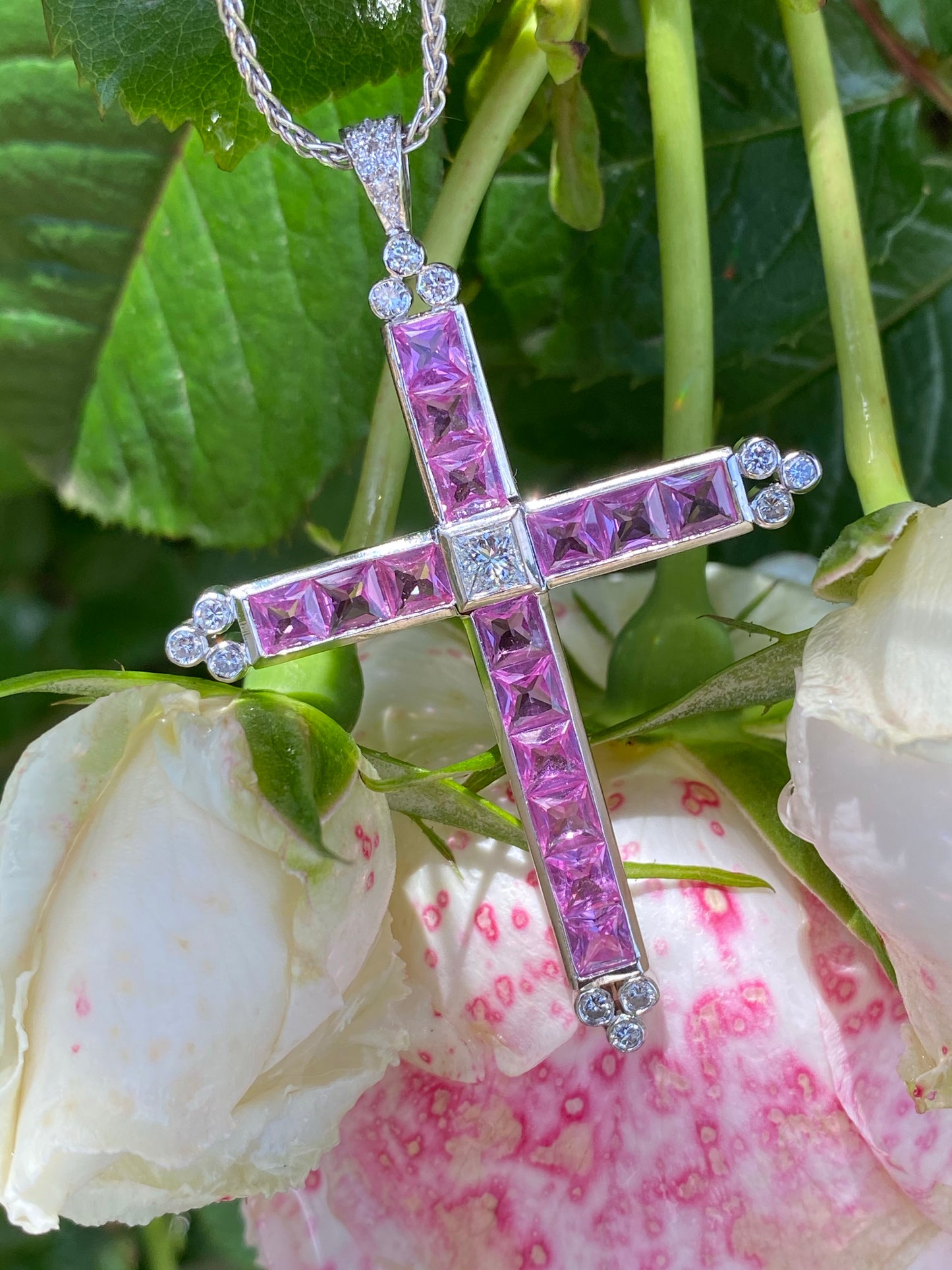 15.00 Carat Pink Sapphire and Diamond Cross Pendant Necklace in 18ct White Gold