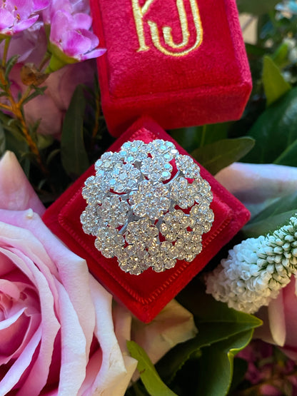 Massive Pave Diamond Flower Cluster Cocktail Ring in White Gold 