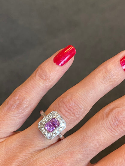 1.00 Carat Pink Sapphire and Diamond Art Deco Halo Engagement Ring in Platinum