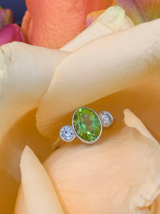 1.85 Carat Peridot and Diamond Three Stone Ring in 18K Gold