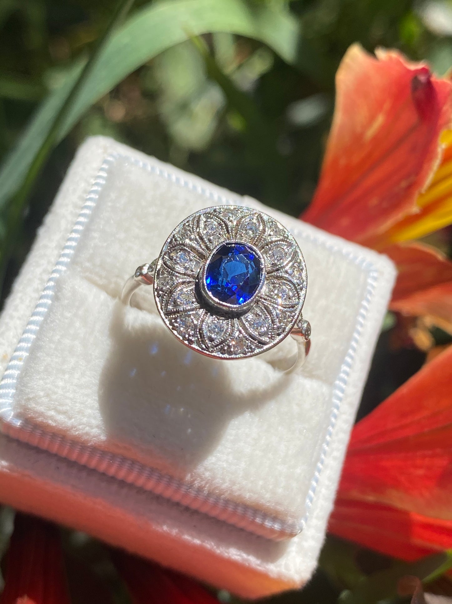 1.50 CTW Antique Art Deco Blue Ceylon Sapphire and Diamond Halo Engagement Ring in Platinum