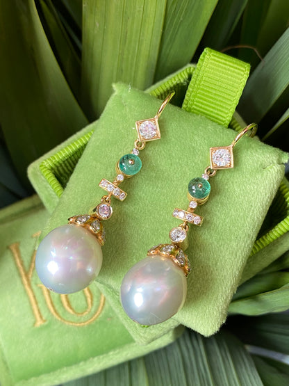 Diamond, Emerald and South Sea Pearl Drop Earrings in 18ct Yellow Gold