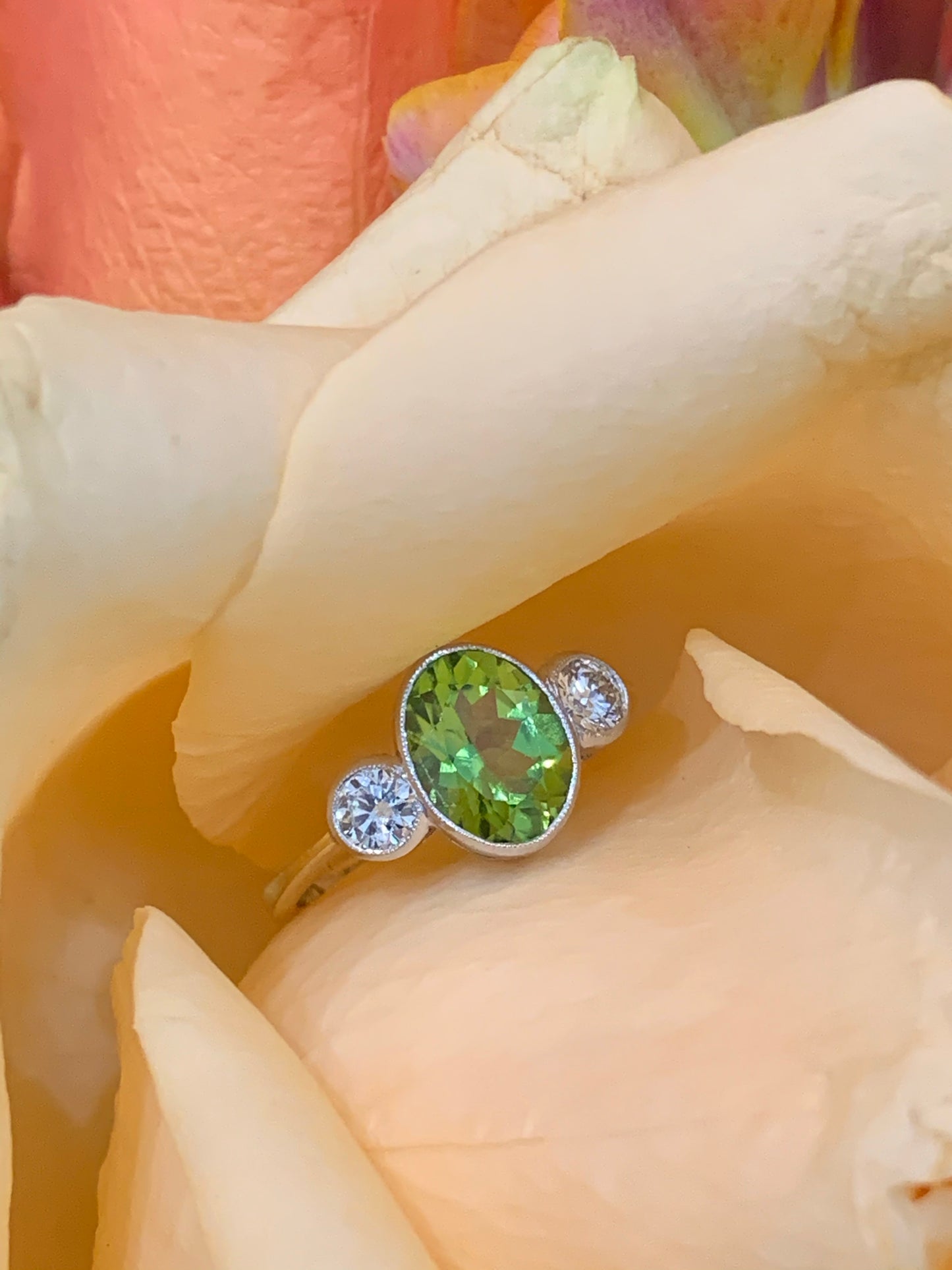 1.85 Carat Peridot and Diamond Three Stone Ring in 18K Gold