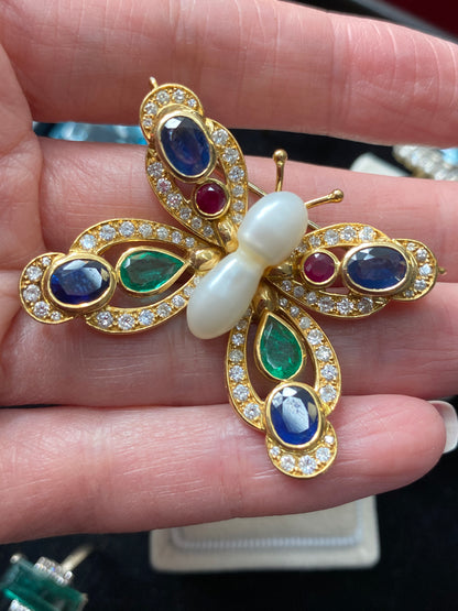 Baroque Pearl, Diamond, Emerald, Blue Sapphire and Ruby Butterfly Brooch in 18ct Yellow Gold