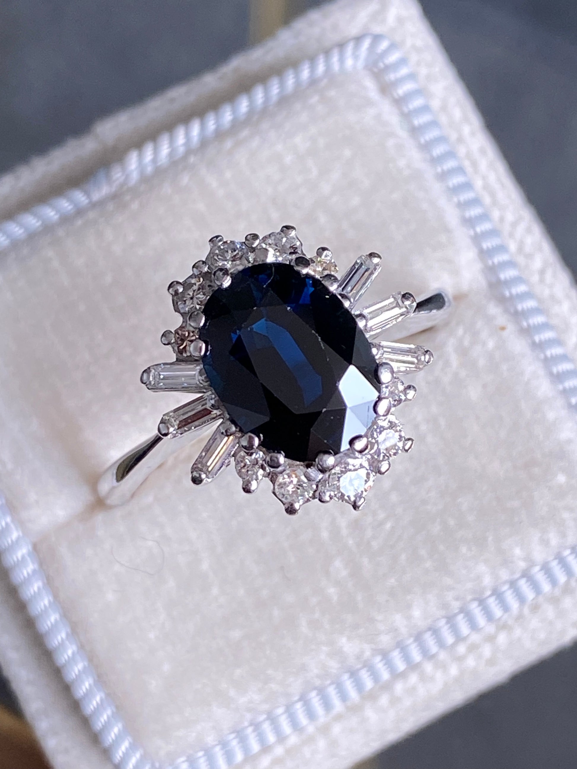 Vintage 2.50 Carat Oval Blue Sapphire and Diamond Halo Engagement Ring in White Gold