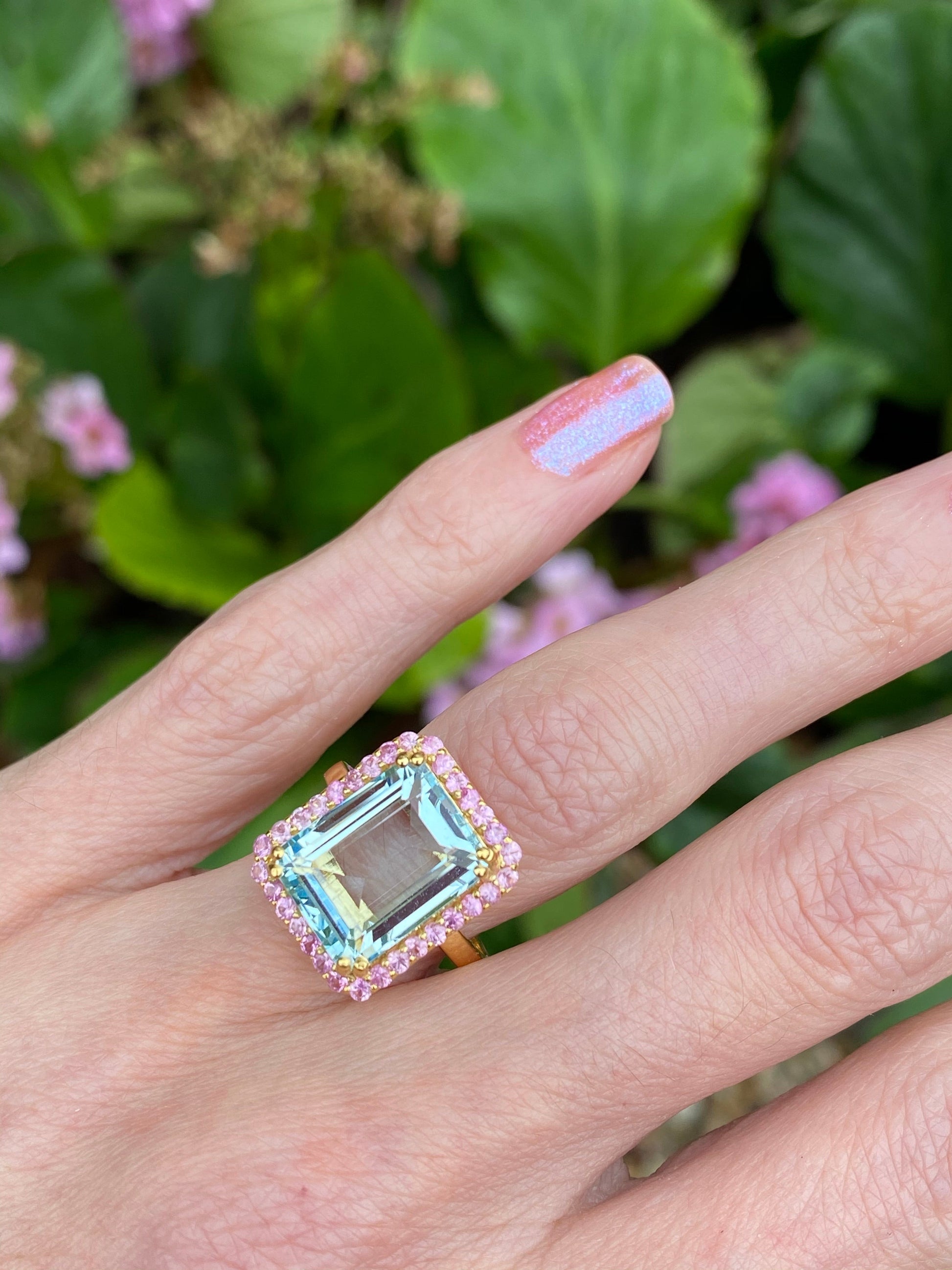 6 Carat Aquamarine and Pink Sapphire Halo Cocktail Engagement Ring in Yellow Gold 