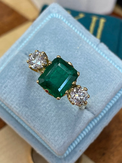 4.00 CTW Emerald and Diamond Three Stone Engagement Ring in 18ct Yellow Gold