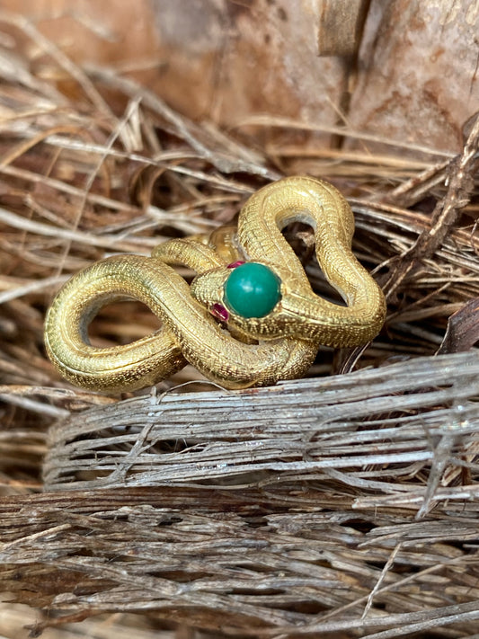 Antique Turquoise and Ruby Snake Serpent Ring in Yellow Gold 