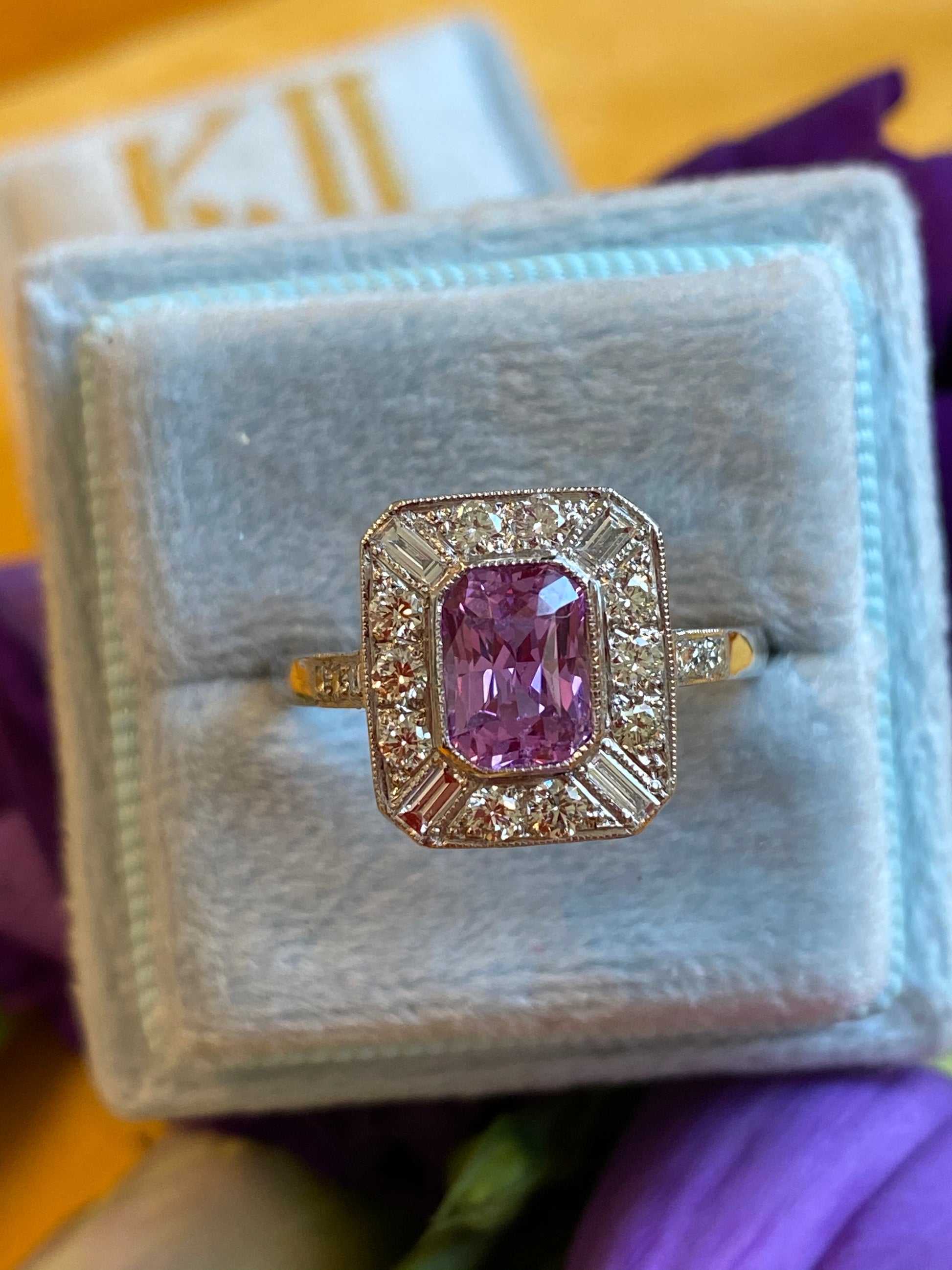 1 Carat Pink Sapphire and Diamond Halo Art Deco Engagement Ring in Platinum 