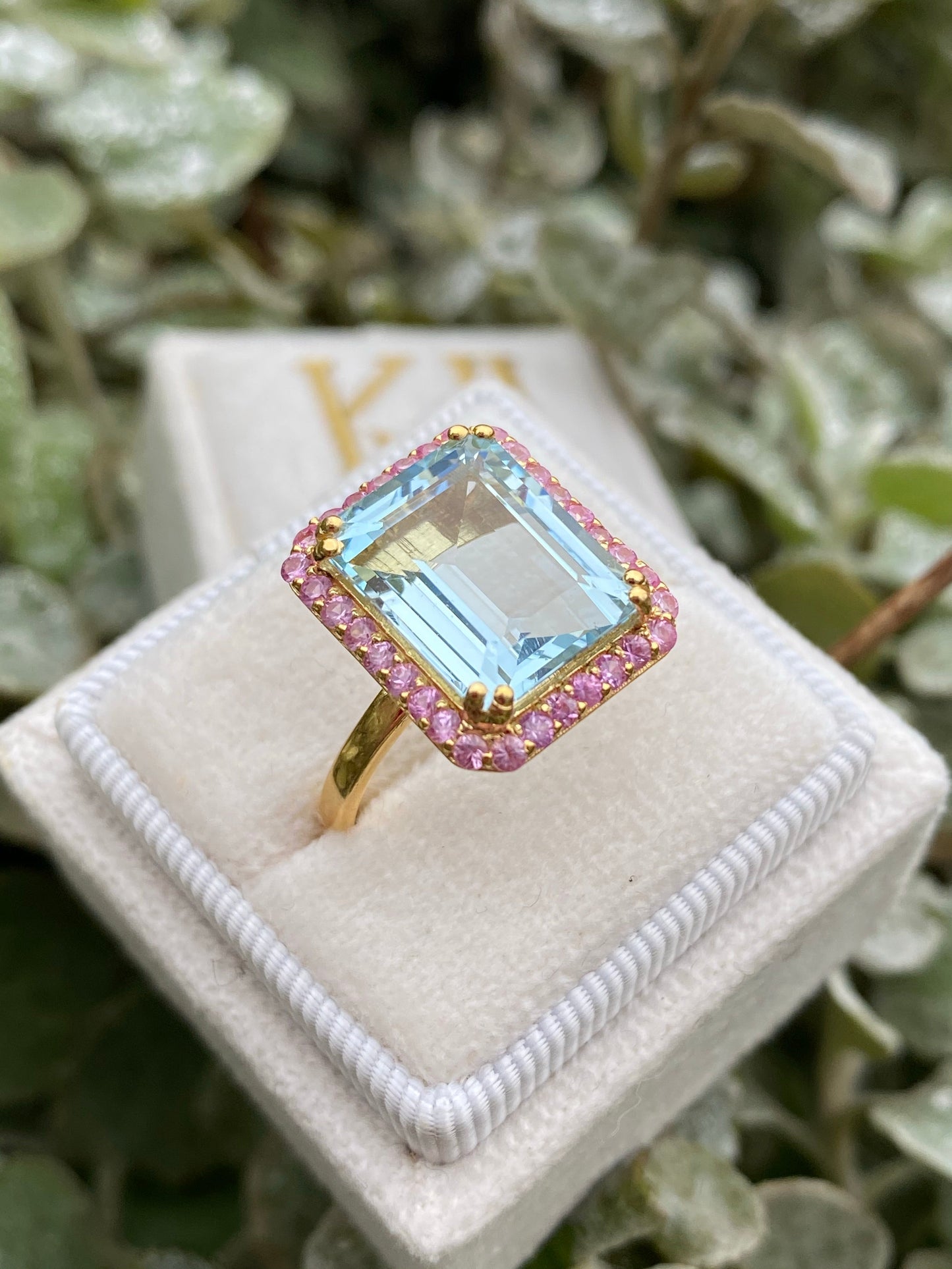 6 Carat Aquamarine and Pink Sapphire Halo Cocktail Engagement Ring in Yellow Gold 