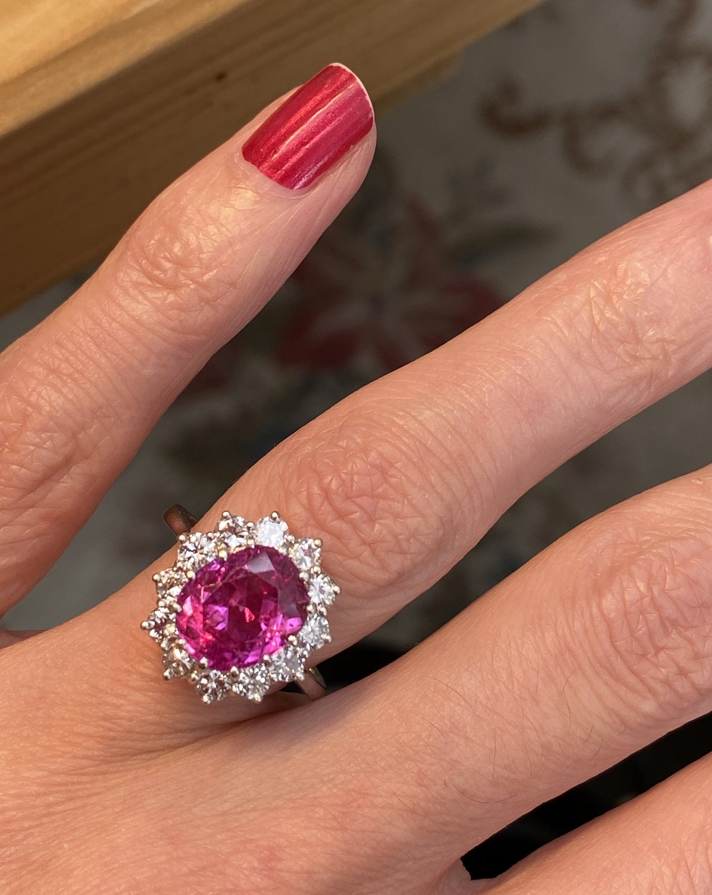 3.50 Carat Oval Pink Sapphire and Diamond Halo Vintage Engagement Ring 