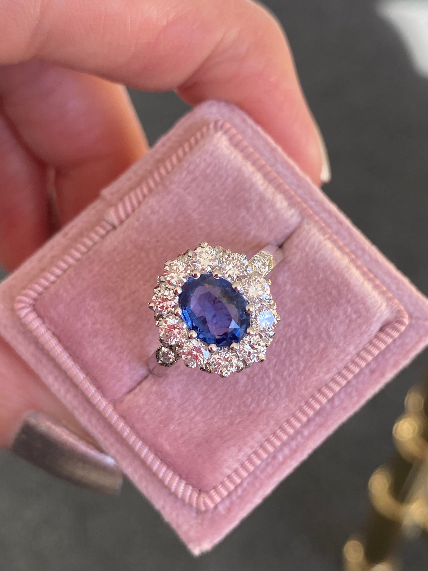 2 Carat Oval Blue Sapphire and Diamond Halo Antique Edwardian Style Engagement Ring in Platinum 