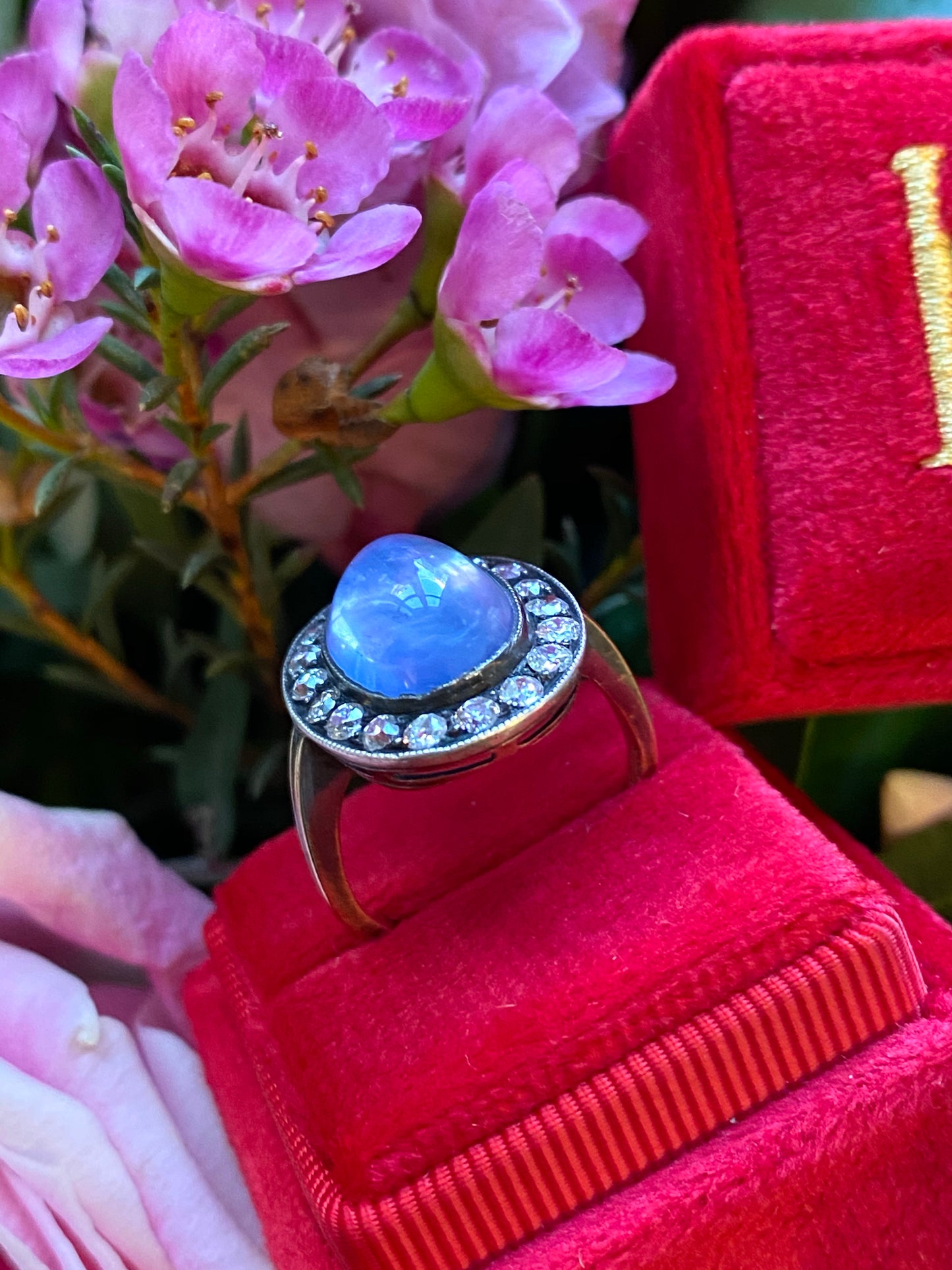 Antique No Heat Cabochon Blue Sapphire and Diamond Halo Ring 