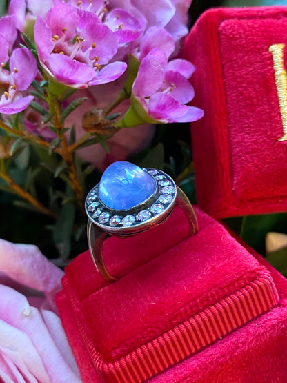 Antique No Heat Cabochon Blue Sapphire and Diamond Halo Ring 