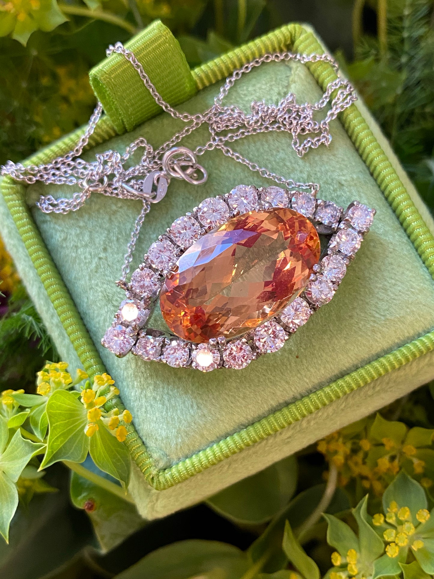 Oval Cut Imperial Topaz and Diamond Vintage Necklace in White Gold 