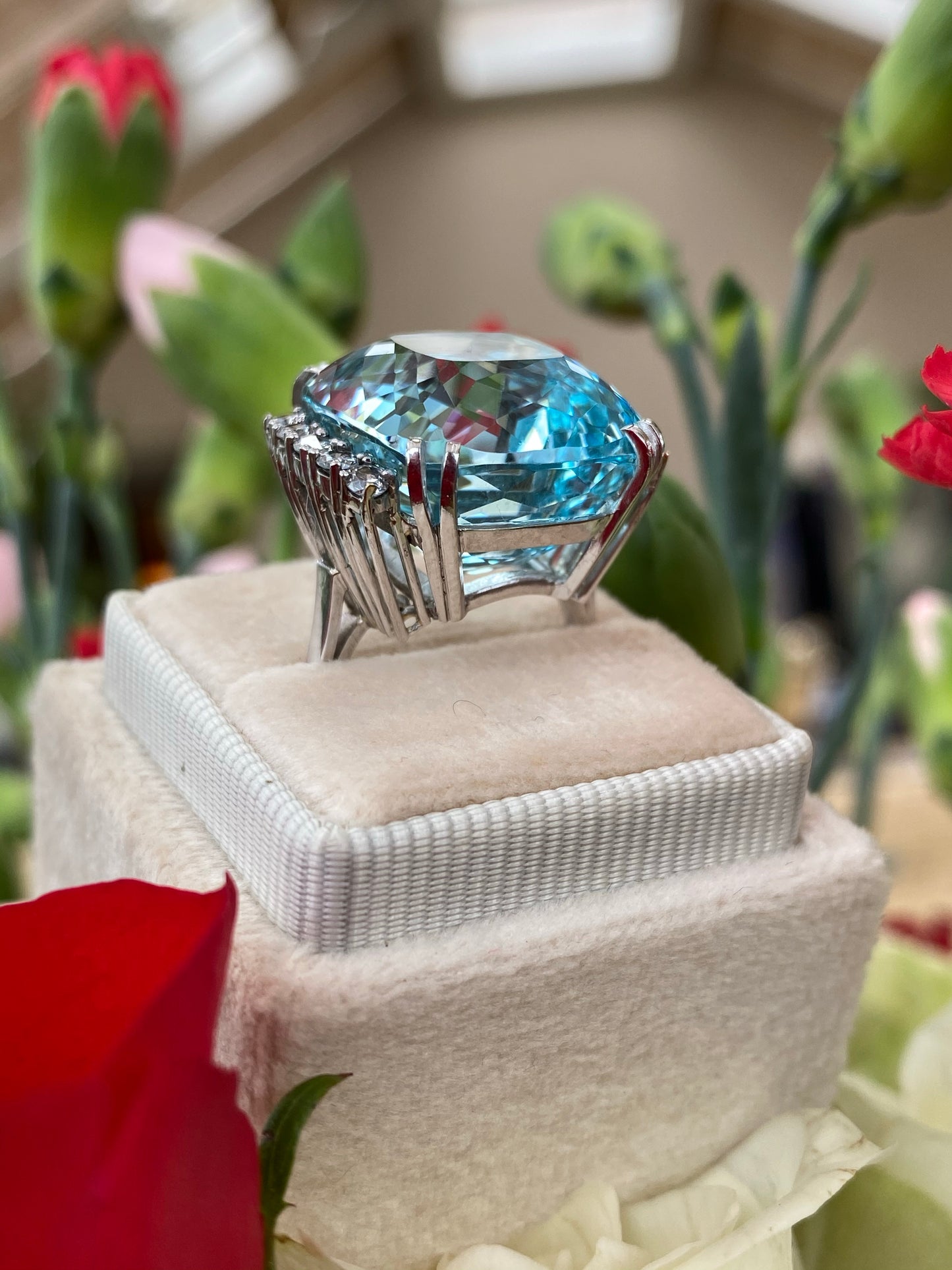 27.76 Carat Fancy Cut Cushion Aquamarine and Diamond Cocktail Ring in Platinum 