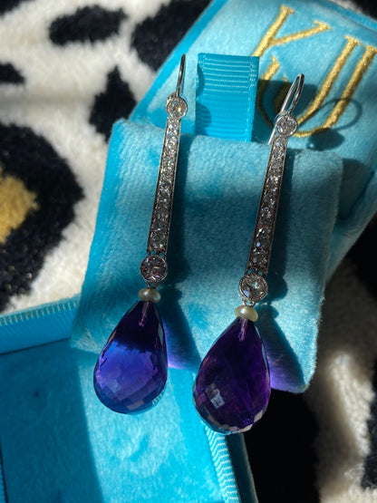 Antique Art Deco Briolette Cut Amethyst and Diamond Drop Earrings in Platinum