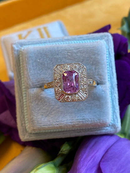 1 Carat Pink Sapphire and Diamond Halo Art Deco Engagement Ring in Platinum 