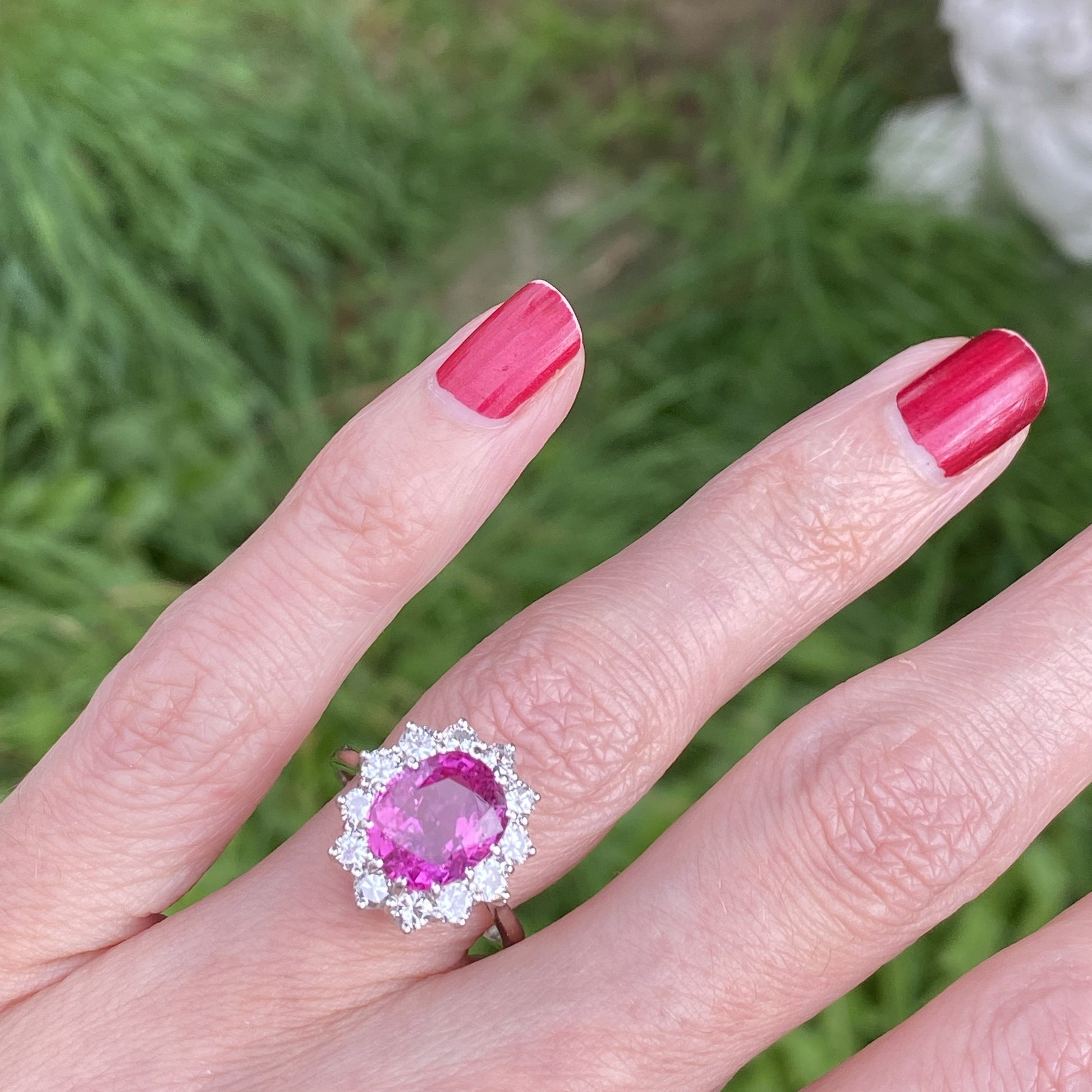 3.50 Carat Oval Pink Sapphire and Diamond Halo Vintage Engagement Ring 