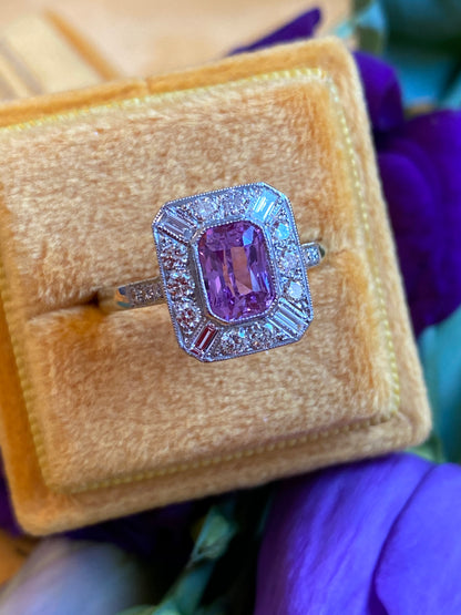 1 Carat Pink Sapphire and Diamond Halo Art Deco Engagement Ring in Platinum 