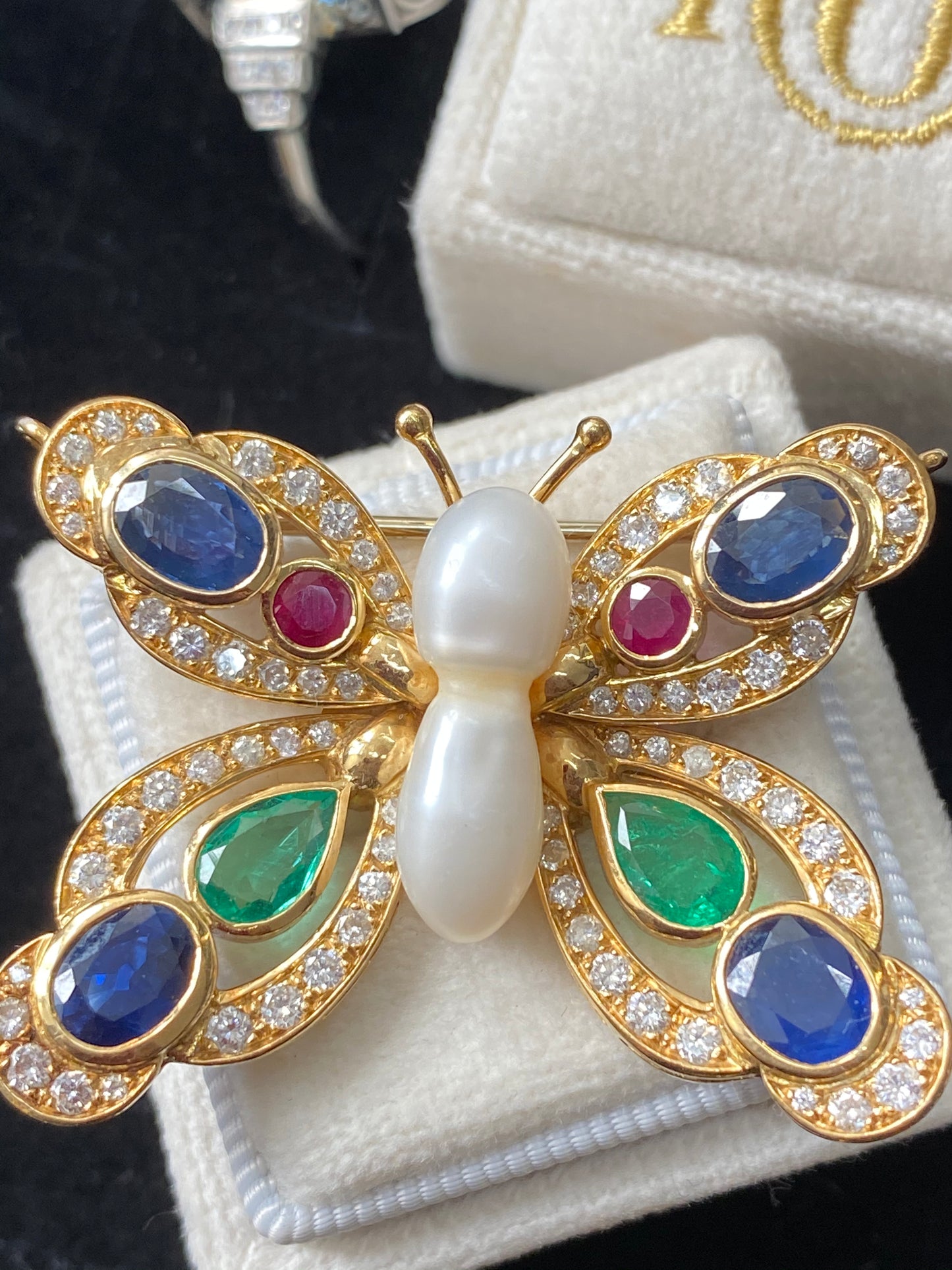 Baroque Pearl, Diamond, Emerald, Blue Sapphire and Ruby Butterfly Brooch in 18ct Yellow Gold