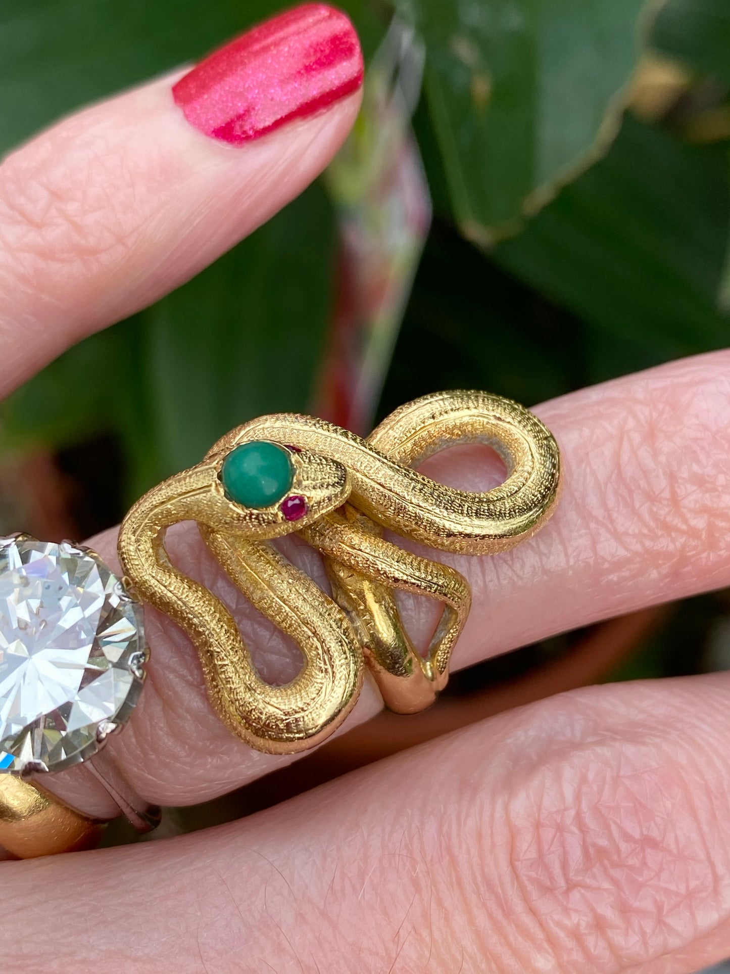 Antique Turquoise and Ruby Snake Serpent Ring in Yellow Gold 