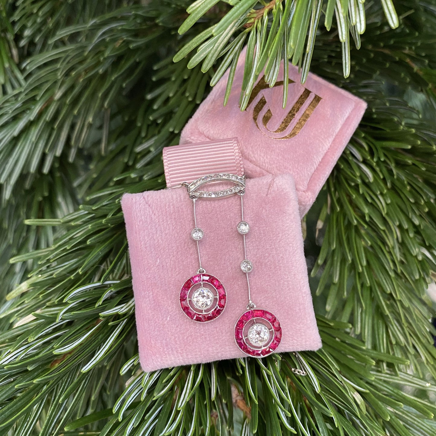 Antique Art Deco Ruby and Old Cut Diamond Necklace in Platinum 