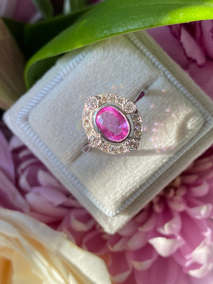 1.20 CTW Pink Sapphire and Diamond Compass Halo Engagement Ring in Platinum