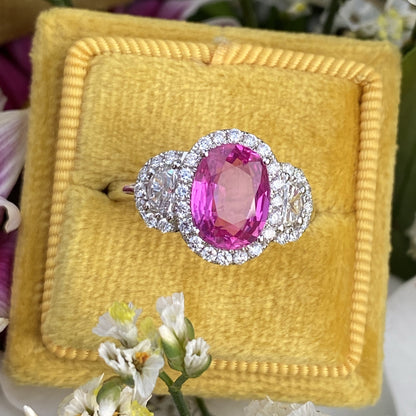 2.87 Carat Oval Cut Pink Sapphire and Diamond Engagement Ring in White Gold 