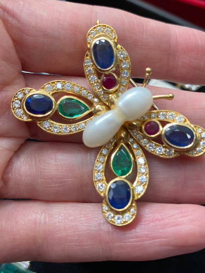 Baroque Pearl, Diamond, Emerald, Blue Sapphire and Ruby Butterfly Brooch in 18ct Yellow Gold