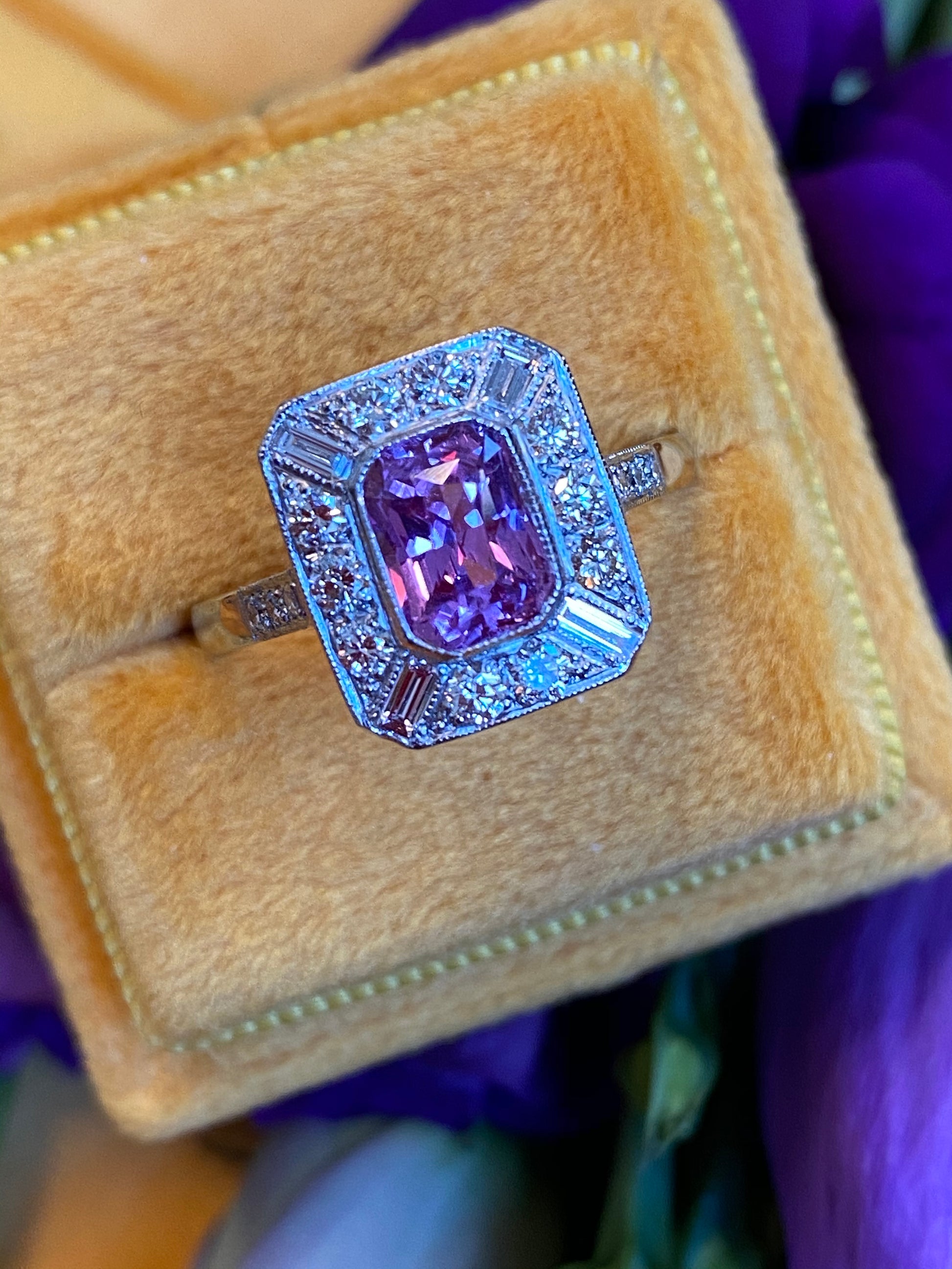 1 Carat Pink Sapphire and Diamond Halo Art Deco Engagement Ring in Platinum 