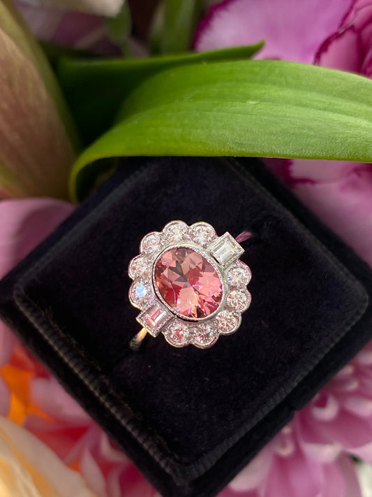 Oval Cut Pink Tourmaline and Diamond Halo Unique Art Deco Engagement Ring in Platinum 