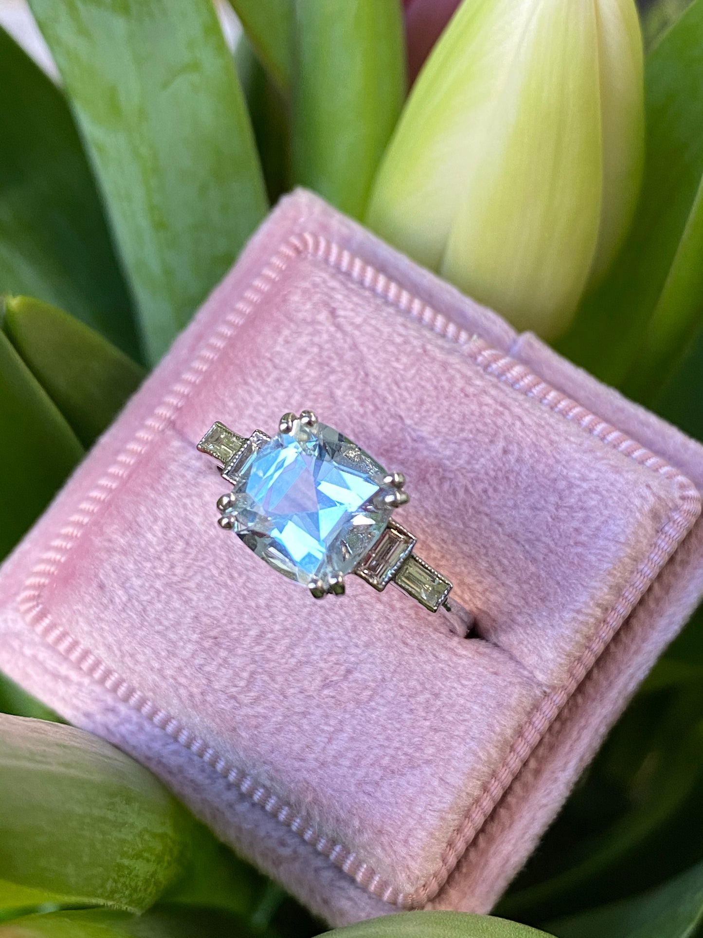 2.00 Carat Cushion Cut Aquamarine and Diamond Art Deco Engagement Ring in Platinum