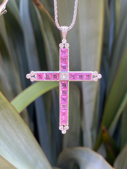 15.00 Carat Pink Sapphire and Diamond Cross Pendant Necklace in 18ct White Gold