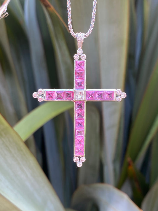 15.00 Carat Pink Sapphire and Diamond Cross Pendant Necklace in 18ct White Gold