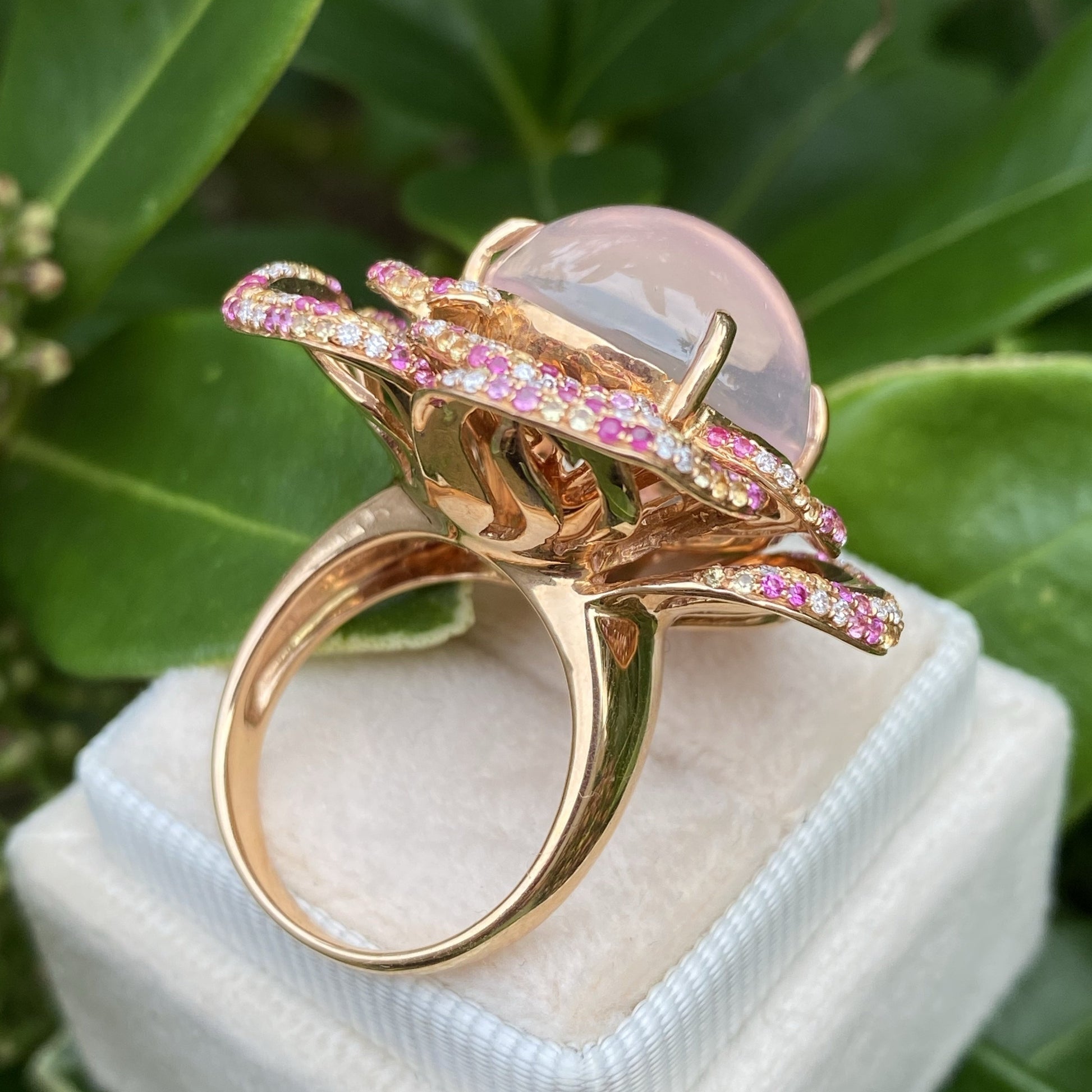 Rose Quartz Flower Ring with Pink and Yellow Sapphires and Diamonds in Rose Gold 